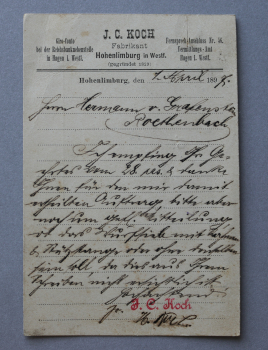 Ansichtskarte AK Hohenlimburg 1897 Geschäftspost J C Koch Fabrikant NRW